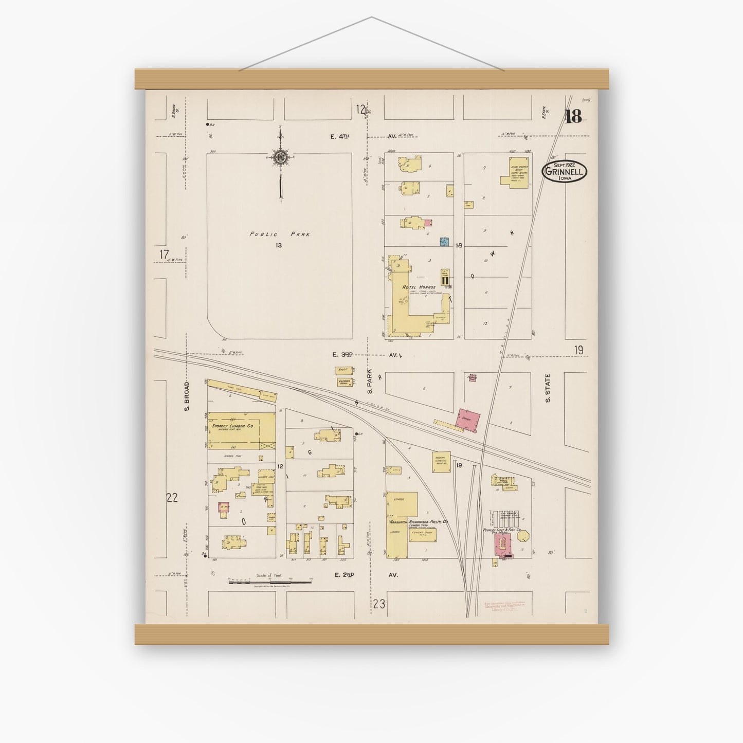Old map wall art mockup — magnetic wood frame on white wall — Sanborn Fire Insurance Map from Grinnell, Poweshiek County, Iowa (1922), Sheet #0018