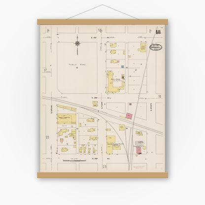 Old map wall art mockup — magnetic wood frame on white wall — Sanborn Fire Insurance Map from Grinnell, Poweshiek County, Iowa (1922), Sheet #0018