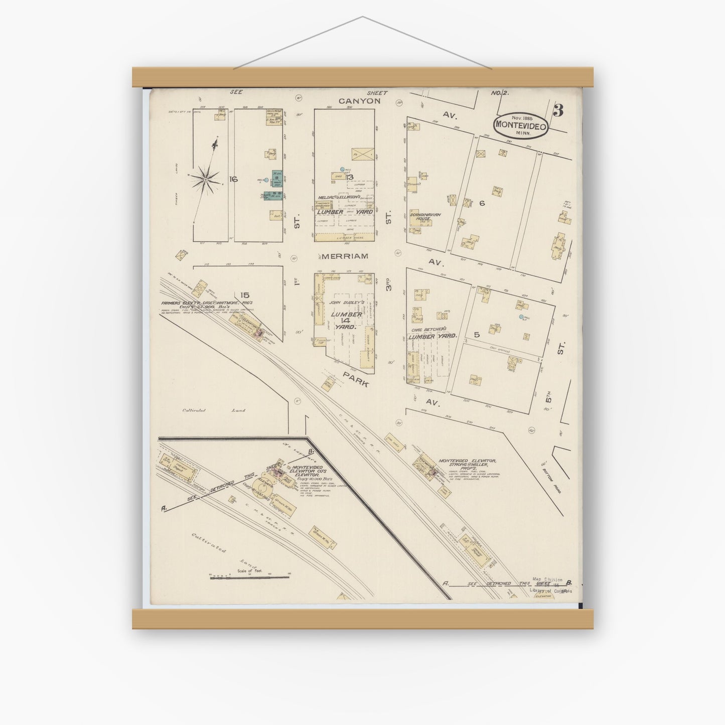 Old map wall art mockup — magnetic wood frame on white wall — Sanborn Fire Insurance Map from Montevideo, Chippewa County, Minnesota (1885), Sheet #0003