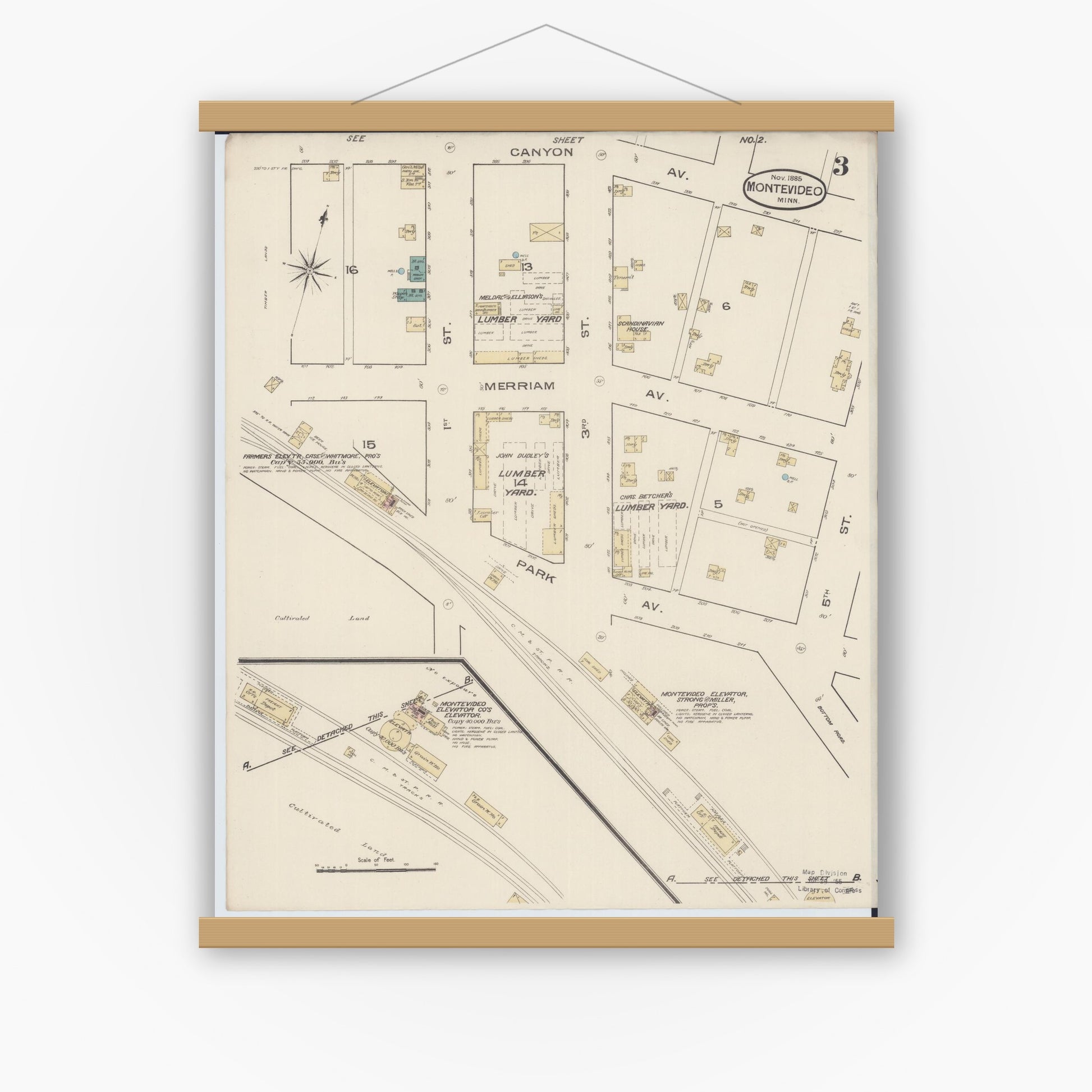 Old map wall art mockup — magnetic wood frame on white wall — Sanborn Fire Insurance Map from Montevideo, Chippewa County, Minnesota (1885), Sheet #0003