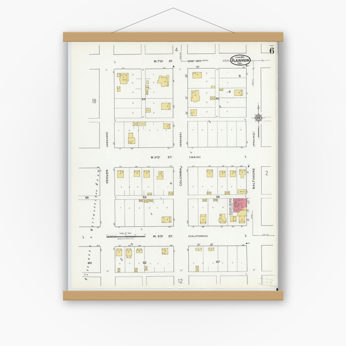 Old map wall art mockup — magnetic wood frame on white wall — Sanborn Fire Insurance Map from Plainview, Hale County, Texas (1921), Sheet #0006