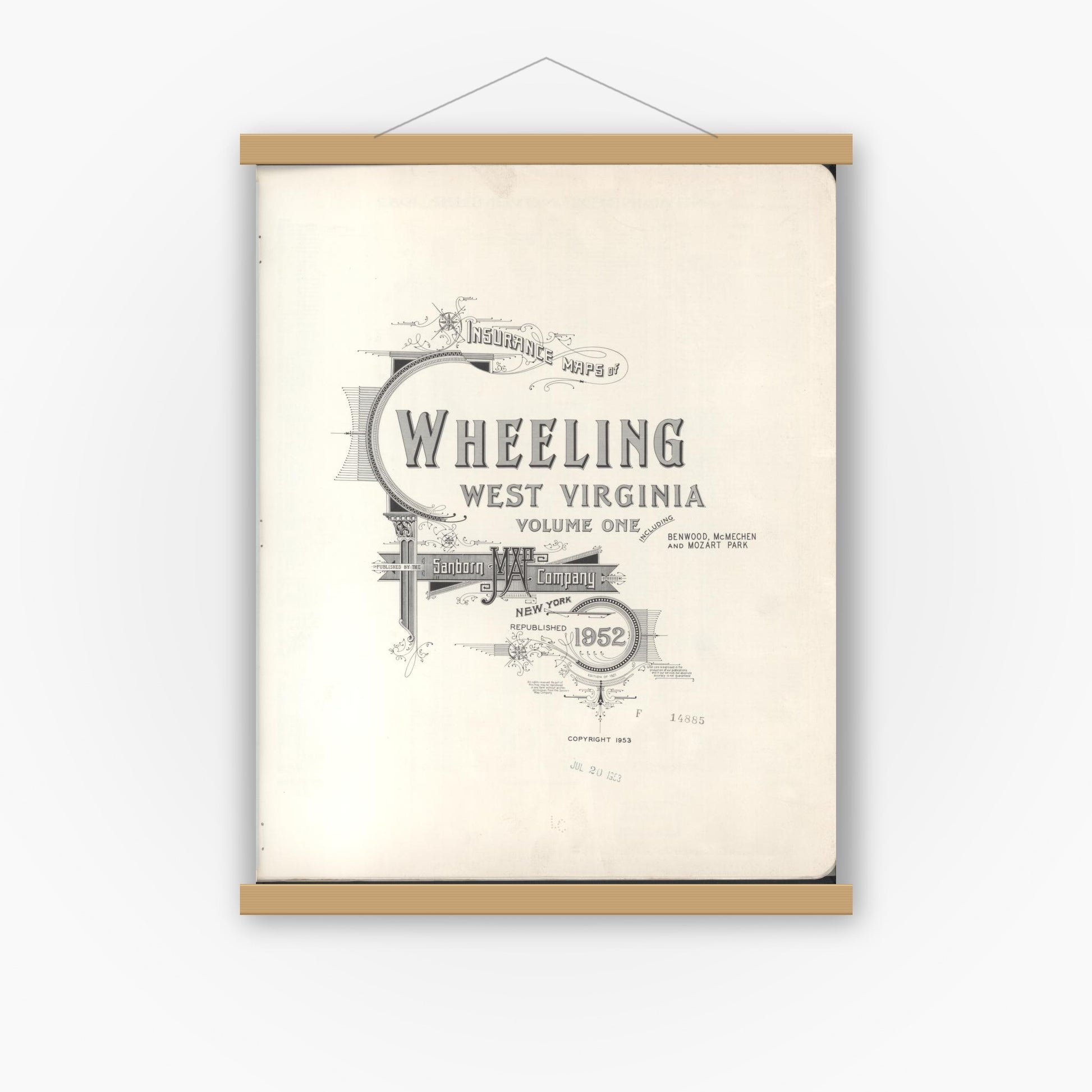 Old map wall art mockup — magnetic wood frame on white wall — Sanborn Fire Insurance Map from Wheeling, Ohio County, West Virginia (1952), Sheet #0001