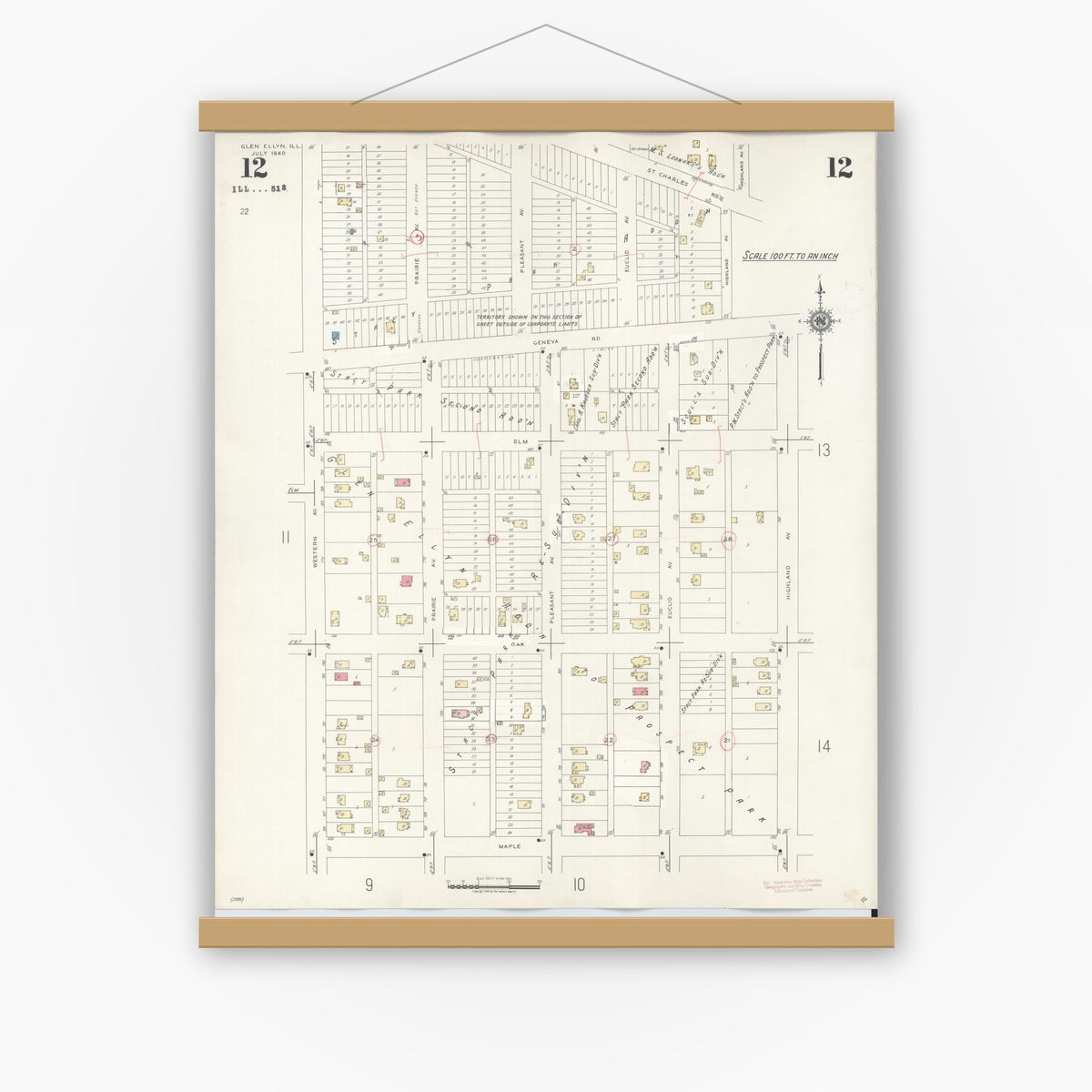 Old map wall art mockup — magnetic wood frame on white wall — Sanborn Fire Insurance Map from Glen Ellyn, Du Page County, Illinois (1946), Sheet #0012