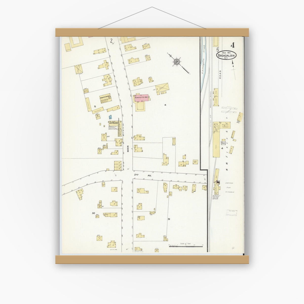 Old map wall art mockup — magnetic wood frame on white wall — Sanborn Fire Insurance Map from Broadalbin, Fulton County, New York (1912), Sheet #0004