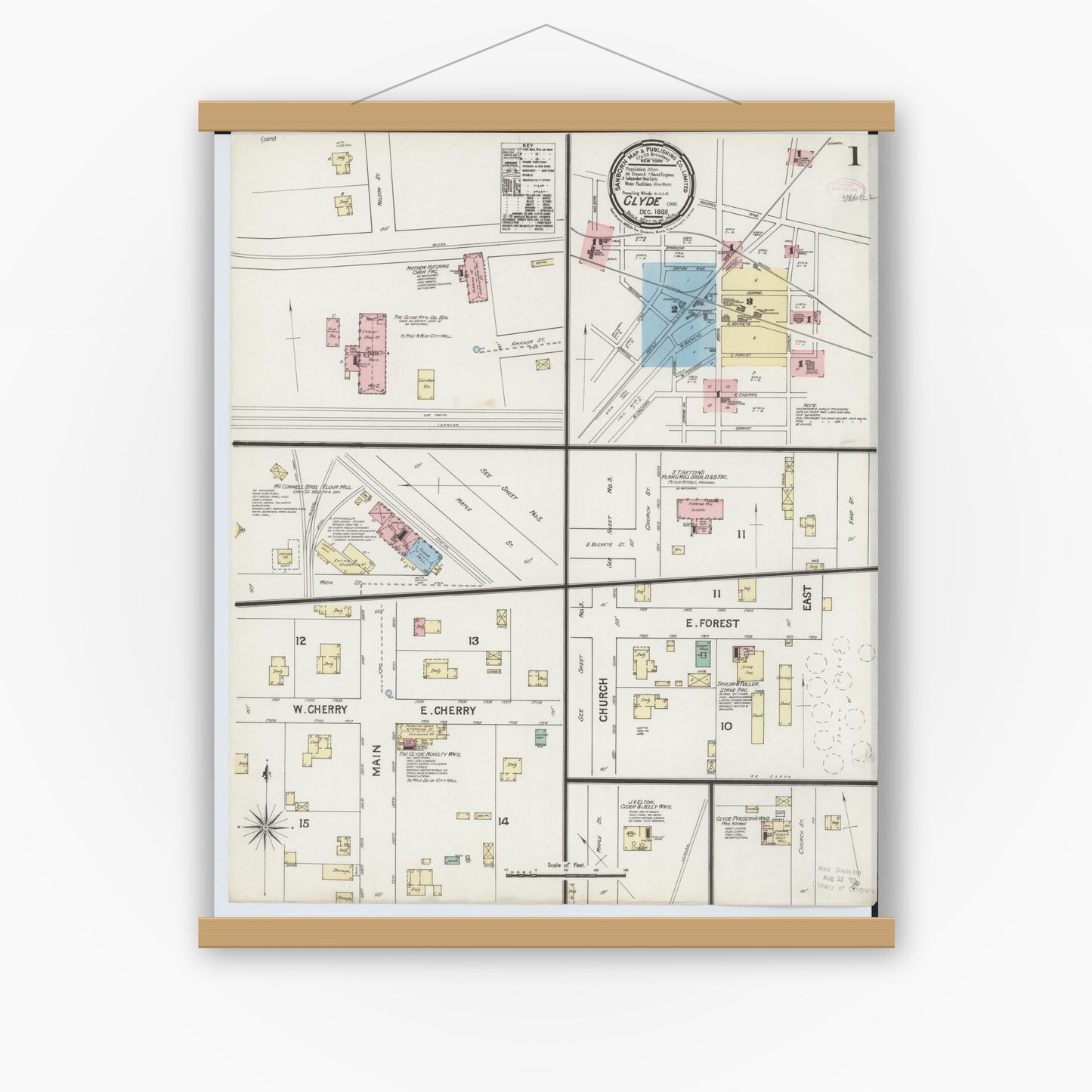Old map wall art mockup — magnetic wood frame on white wall — Sanborn Fire Insurance Map from Clyde, Sandusky County, Ohio (1888), Sheet #0001