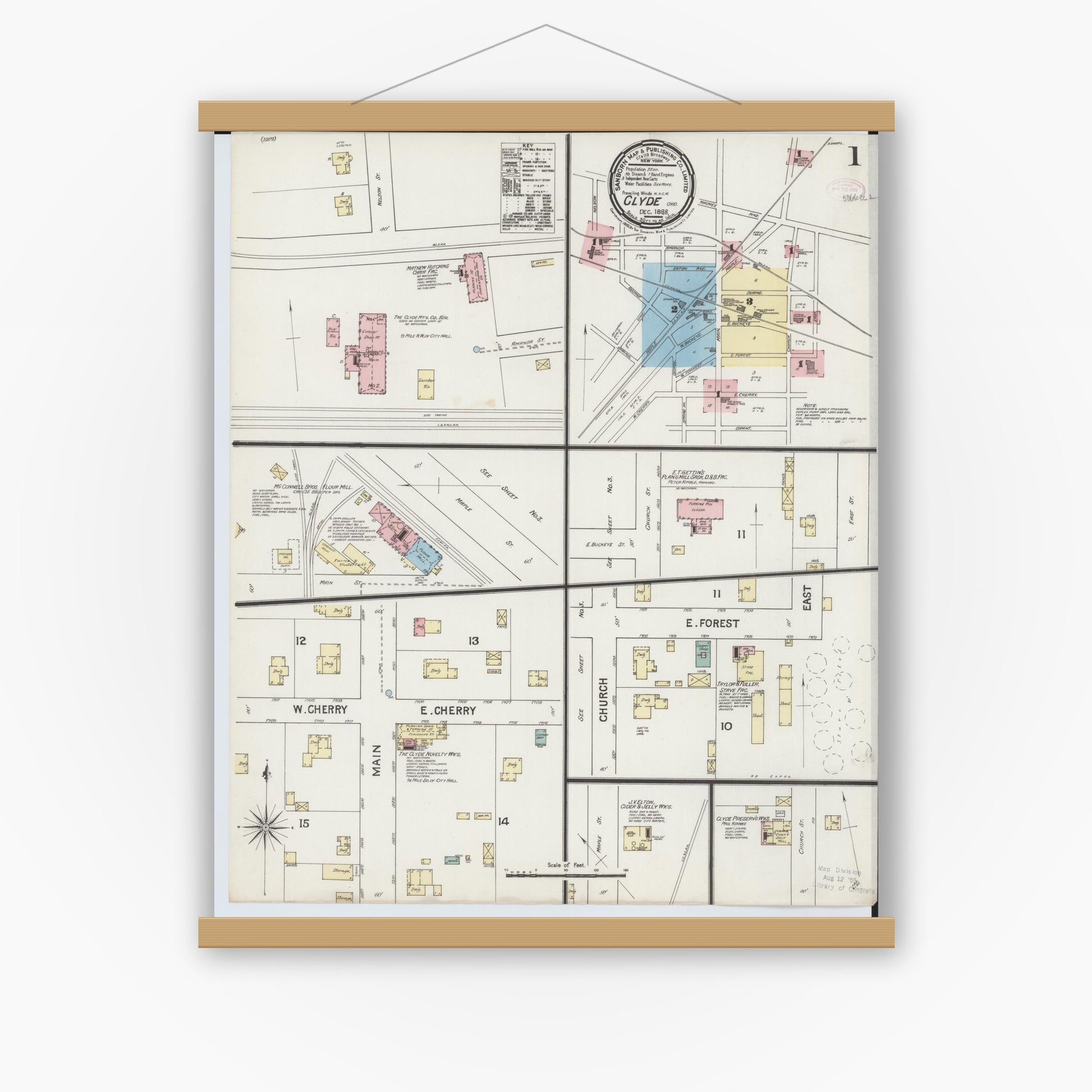 Old map wall art mockup — magnetic wood frame on white wall — Sanborn Fire Insurance Map from Clyde, Sandusky County, Ohio (1888), Sheet #0001