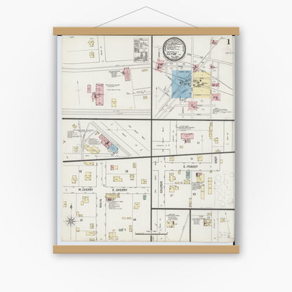 Old map wall art mockup — magnetic wood frame on white wall — Sanborn Fire Insurance Map from Clyde, Sandusky County, Ohio (1888), Sheet #0001