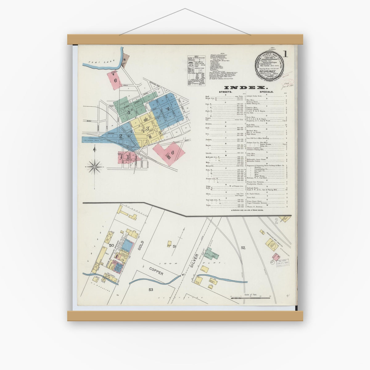 Old map wall art mockup — magnetic wood frame on white wall — Sanborn Fire Insurance Map from Negaunee, Marquette County, Michigan (1892), Sheet #0001