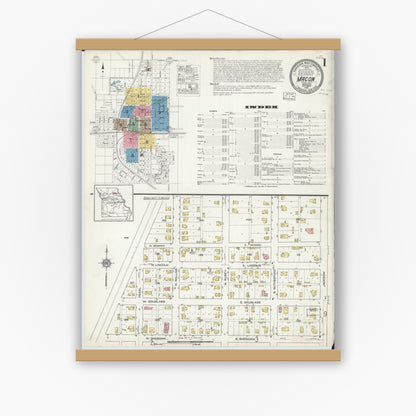 Old map wall art mockup — magnetic wood frame on white wall — Sanborn Fire Insurance Map from Macon, Macon County, Missouri (1916) - Complete Map Set