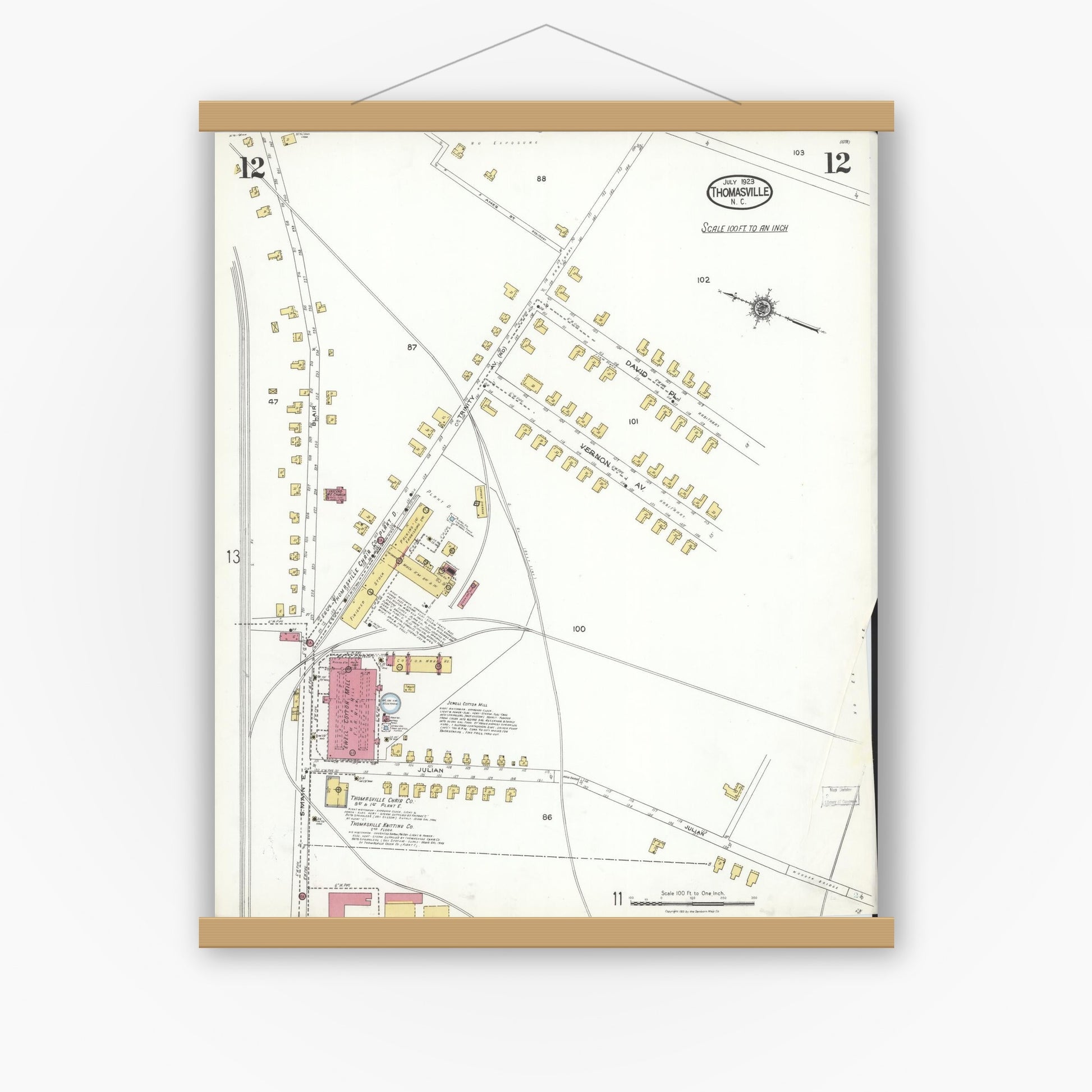 Old map wall art mockup — magnetic wood frame on white wall — Sanborn Fire Insurance Map from Thomasville, Davidson County, North Carolina (1923), Sheet #0012