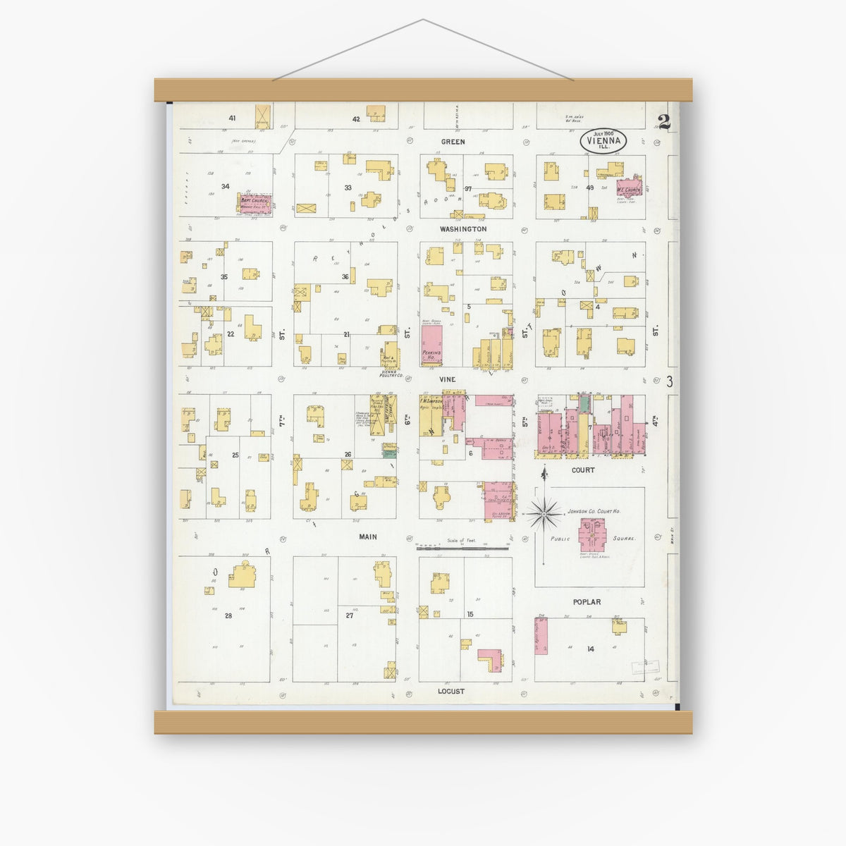 Old map wall art mockup — magnetic wood frame on white wall — Sanborn Fire Insurance Map from Vienna, Johnson County, Illinois (1900), Sheet #0002