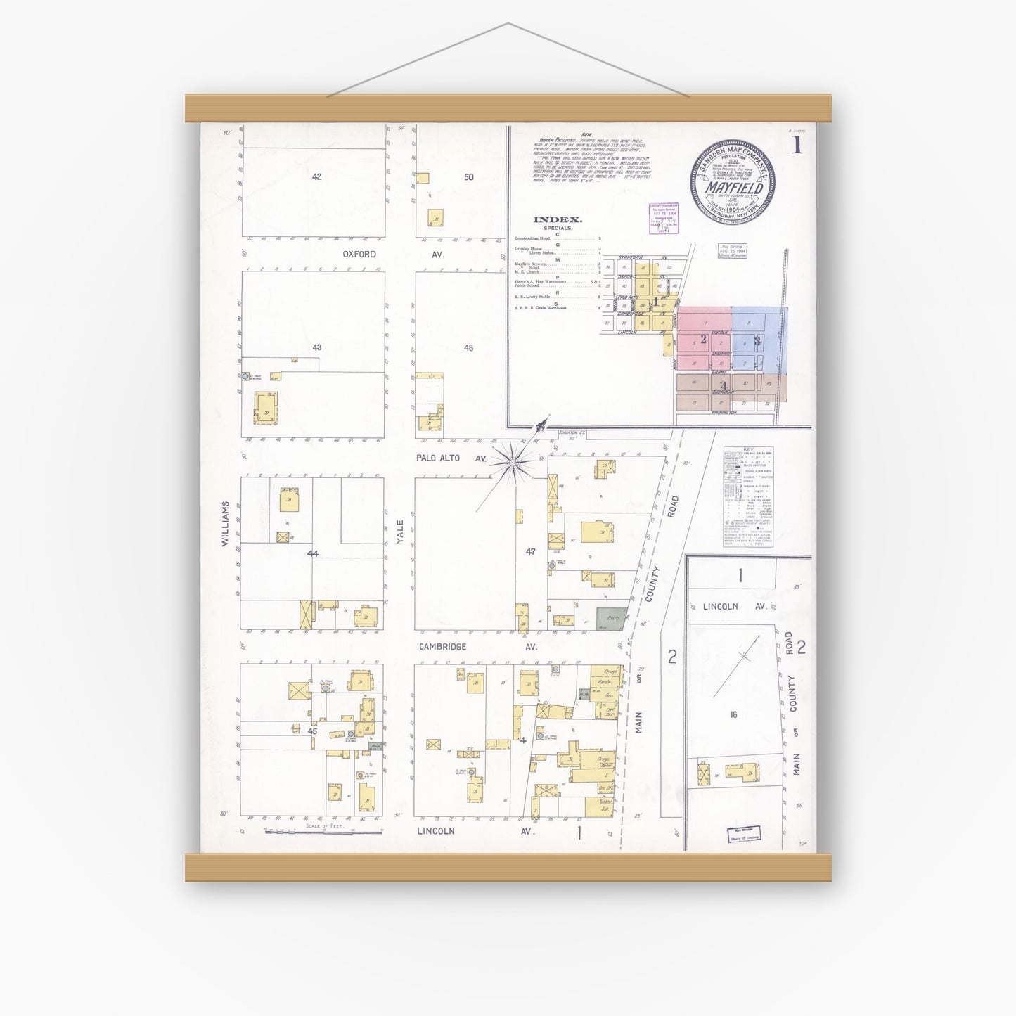 Old map wall art mockup — magnetic wood frame on white wall — Sanborn Fire Insurance Map from Mayfield, Santa Clara County, California (1904) - Complete Map Set