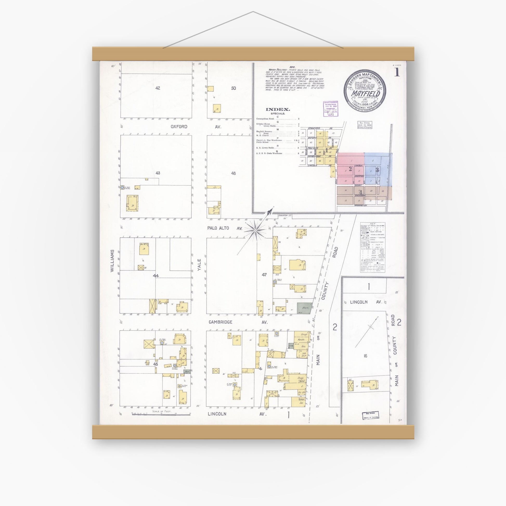 Old map wall art mockup — magnetic wood frame on white wall — Sanborn Fire Insurance Map from Mayfield, Santa Clara County, California (1904) - Complete Map Set