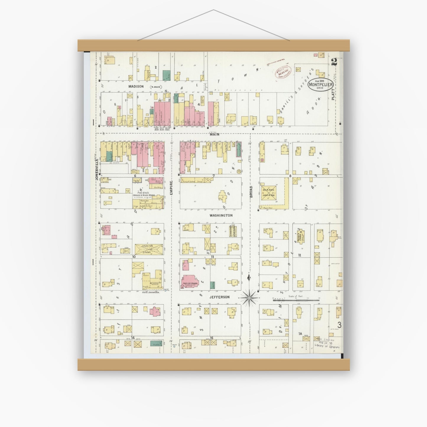 Old map wall art mockup — magnetic wood frame on white wall — Sanborn Fire Insurance Map from Montpelier, Williams County, Ohio (1899), Sheet #0002