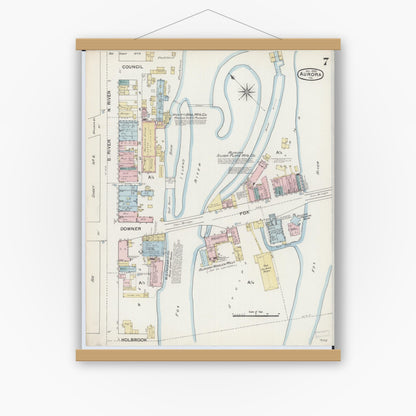 Old map wall art mockup — magnetic wood frame on white wall — Sanborn Fire Insurance Map from Aurora, Kane County, Illinois (1888), Sheet #0007