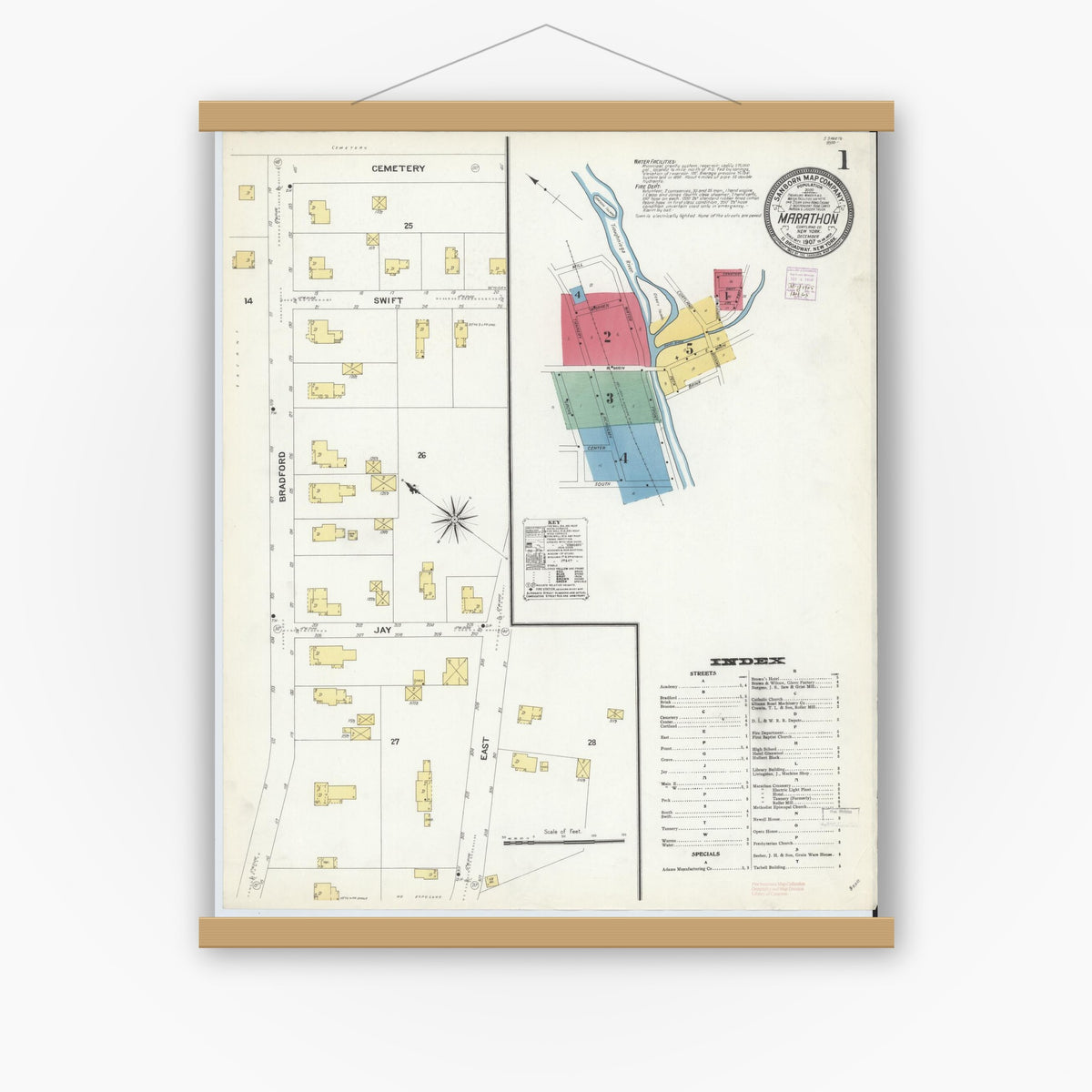 Old map wall art mockup — magnetic wood frame on white wall — Sanborn Fire Insurance Map from Marathon, Cortland County, New York (1907) - Complete Map Set