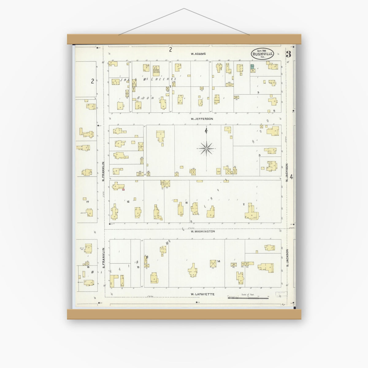 Old map wall art mockup — magnetic wood frame on white wall — Sanborn Fire Insurance Map from Rushville, Schuyler County, Illinois (1906), Sheet #0003