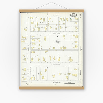 Old map wall art mockup — magnetic wood frame on white wall — Sanborn Fire Insurance Map from Rushville, Schuyler County, Illinois (1906), Sheet #0003