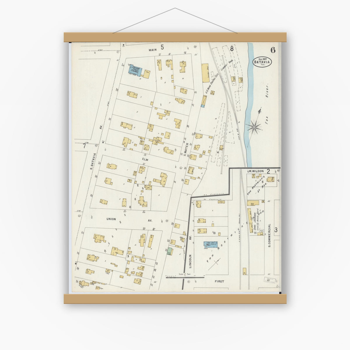 Old map wall art mockup — magnetic wood frame on white wall — Sanborn Fire Insurance Map from Batavia, Kane County, Illinois (1897), Sheet #0006