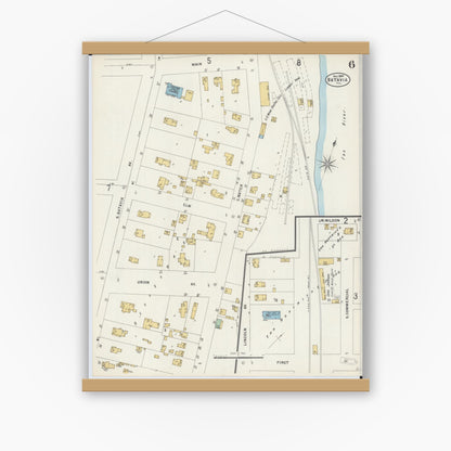 Old map wall art mockup — magnetic wood frame on white wall — Sanborn Fire Insurance Map from Batavia, Kane County, Illinois (1897), Sheet #0006