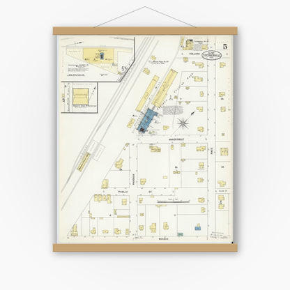 Old map wall art mockup — magnetic wood frame on white wall — Sanborn Fire Insurance Map from Stephenville, Erath County, Texas (1907), Sheet #0005
