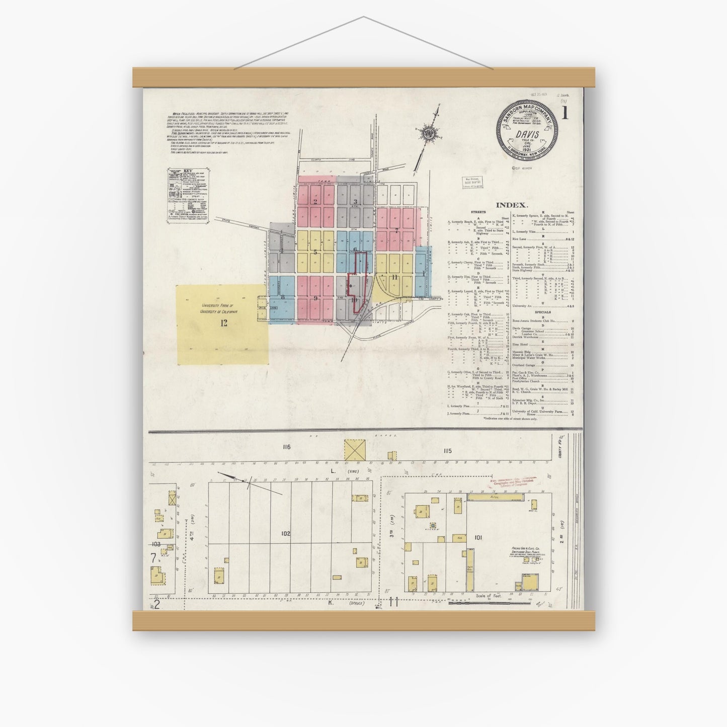 Old map wall art mockup — magnetic wood frame on white wall — Sanborn Fire Insurance Map from Davis, Yolo County, California (1921), Sheet #0001