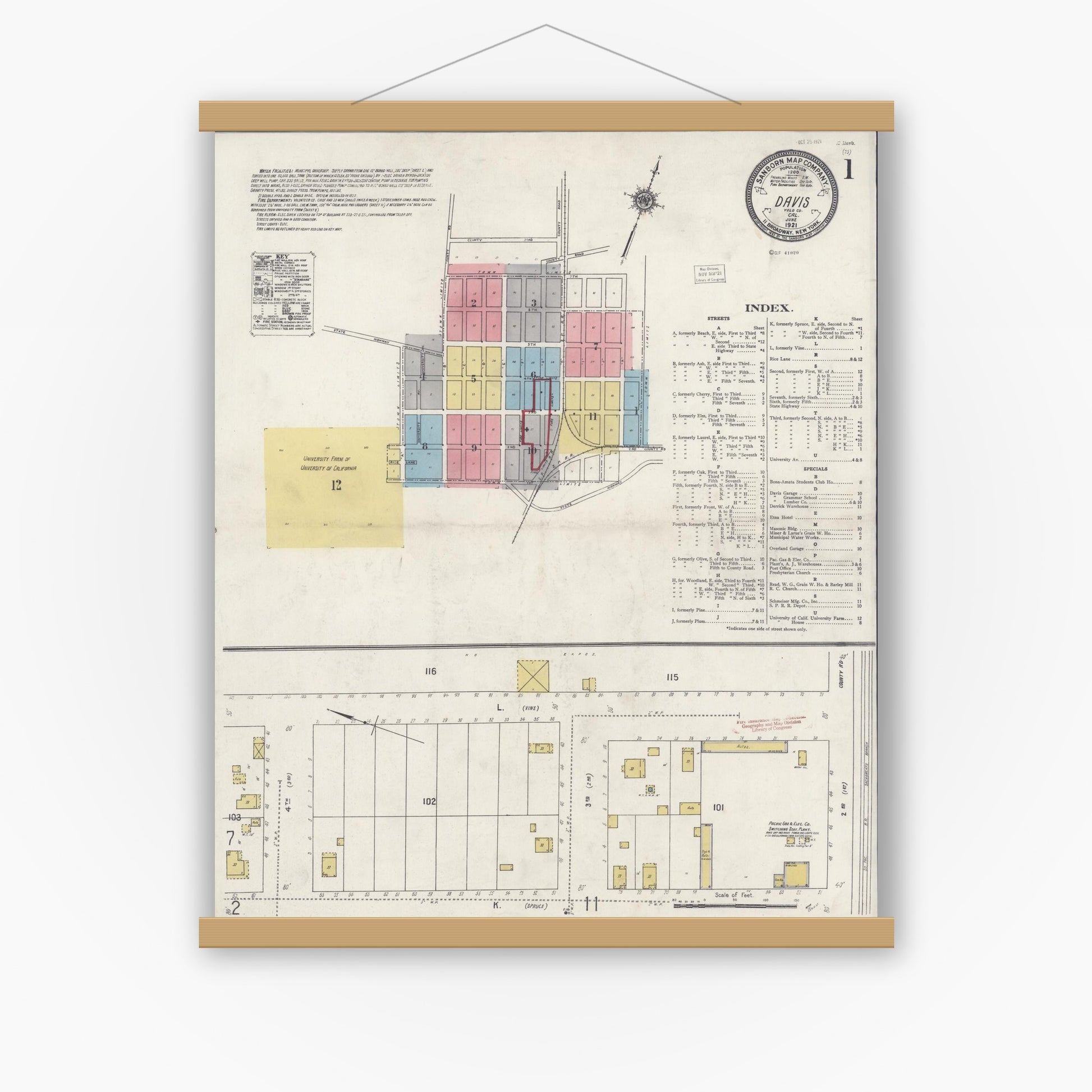 Old map wall art mockup — magnetic wood frame on white wall — Sanborn Fire Insurance Map from Davis, Yolo County, California (1921), Sheet #0001