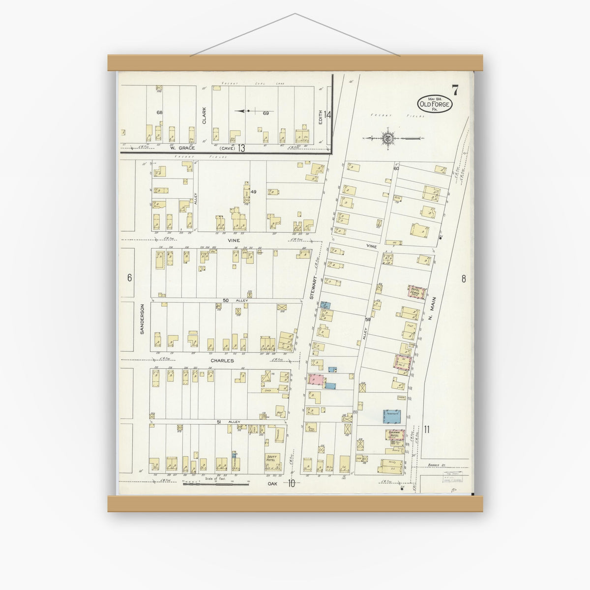 Old map wall art mockup — magnetic wood frame on white wall — Sanborn Fire Insurance Map from Old Forge, Lackawanna County, Pennsylvania (1914), Sheet #0007