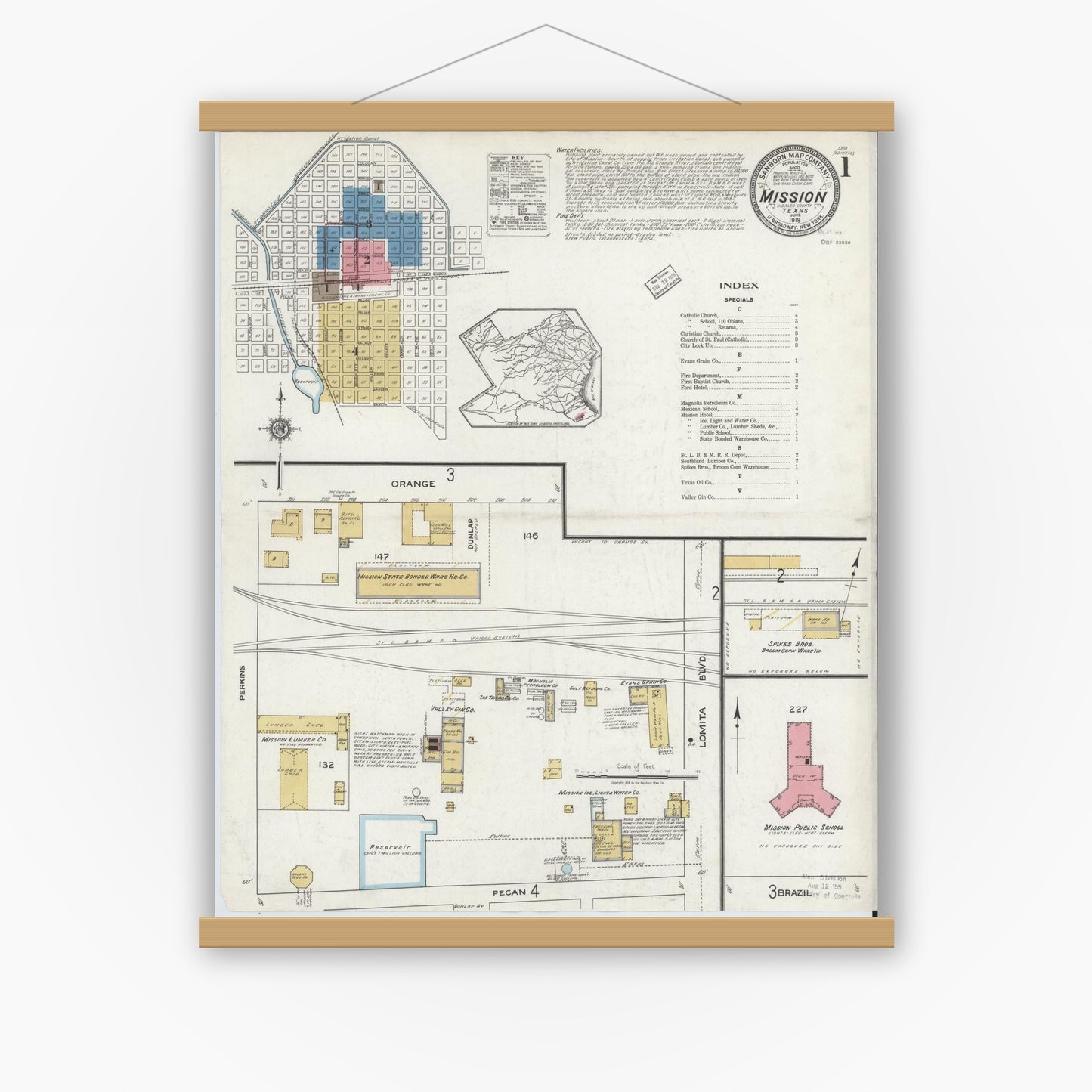 Old map wall art mockup — magnetic wood frame on white wall — Sanborn Fire Insurance Map from Mission, Hidalgo County, Texas (1919), Sheet #0001