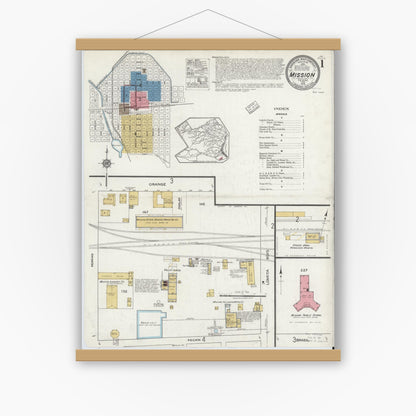Old map wall art mockup — magnetic wood frame on white wall — Sanborn Fire Insurance Map from Mission, Hidalgo County, Texas (1919), Sheet #0001