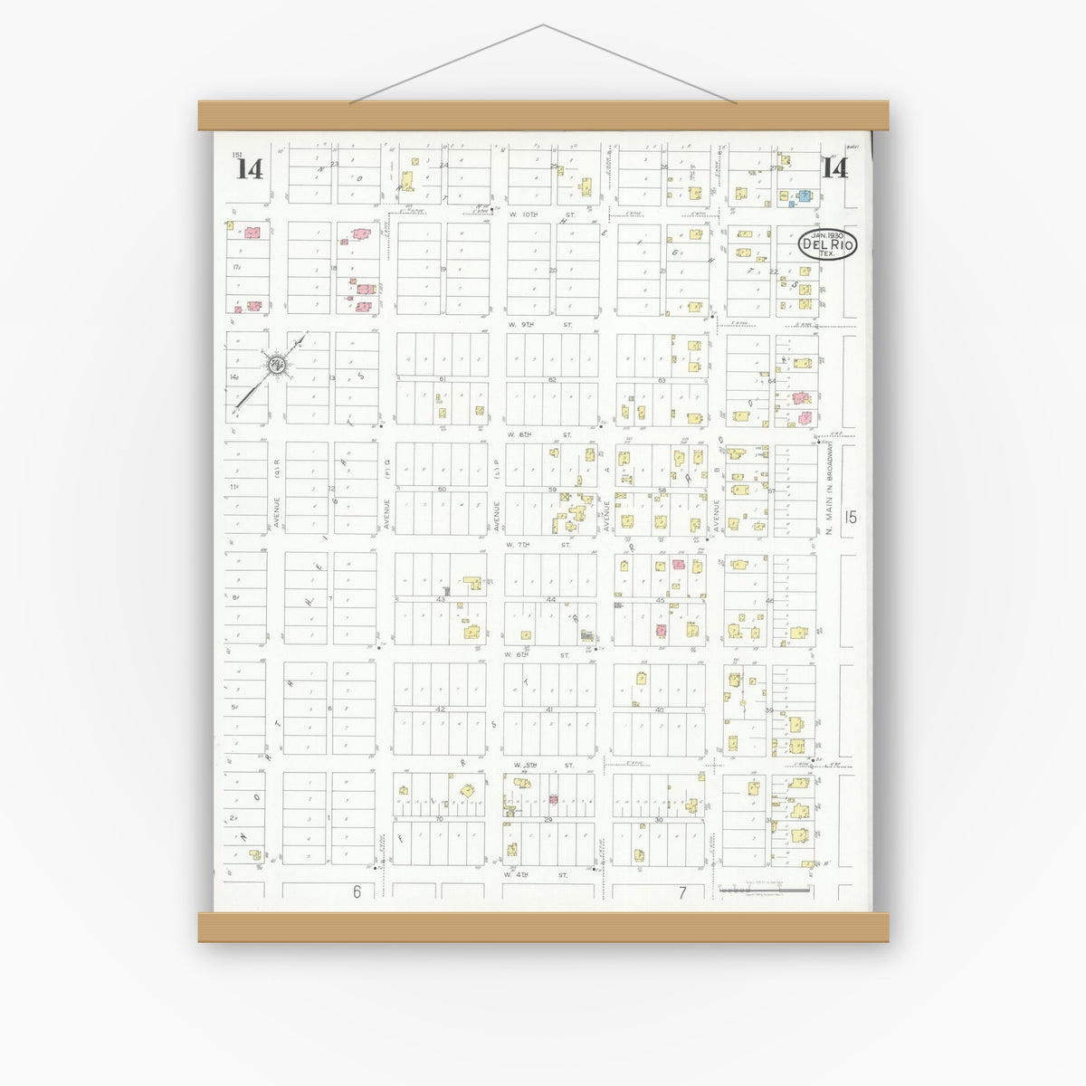 Old map wall art mockup — magnetic wood frame on white wall — Sanborn Fire Insurance Map from Del Rio, Val Verde County, Texas (1930), Sheet #0014