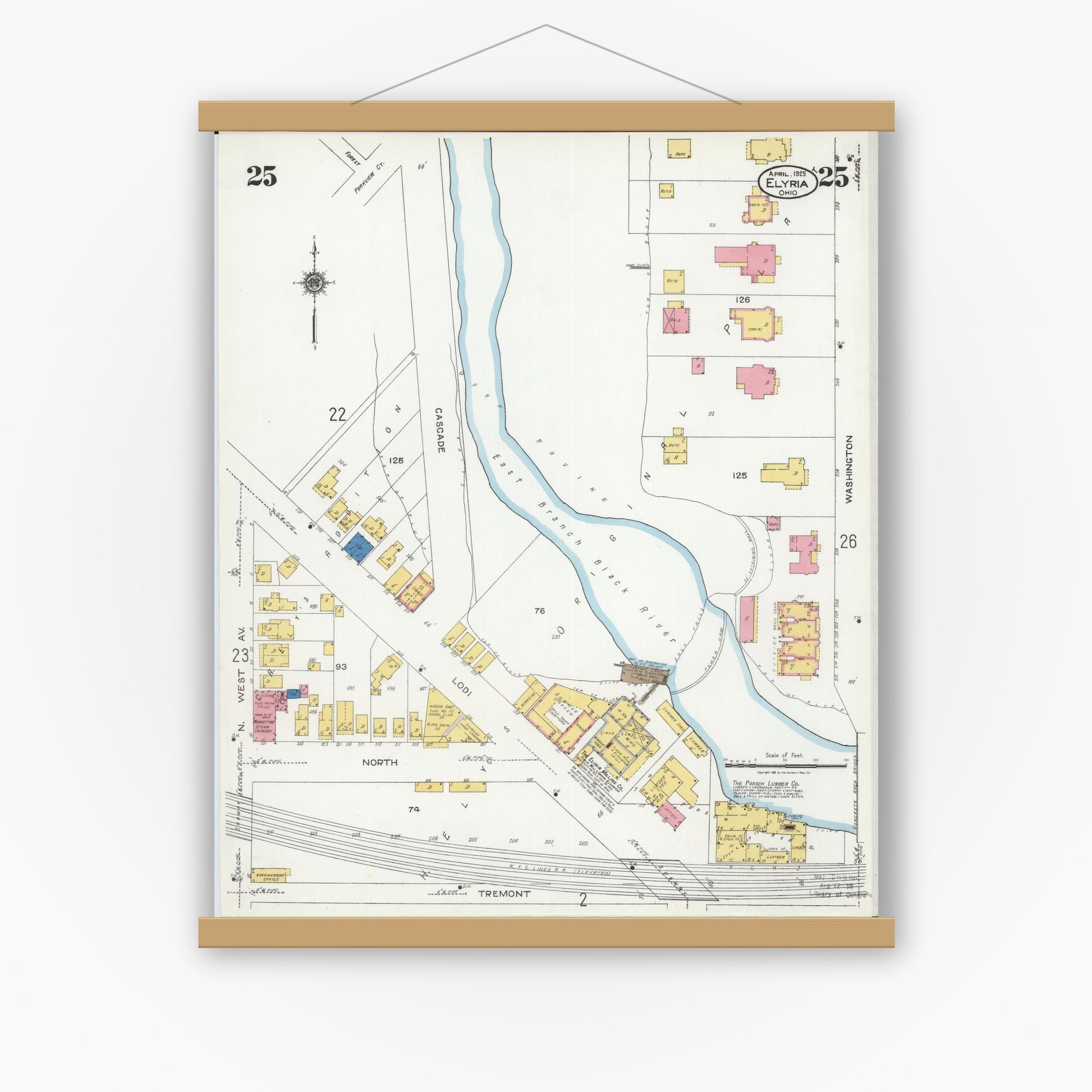 Old map wall art mockup — magnetic wood frame on white wall — Sanborn Fire Insurance Map from Elyria, Lorain County, Ohio (1925), Sheet #0025