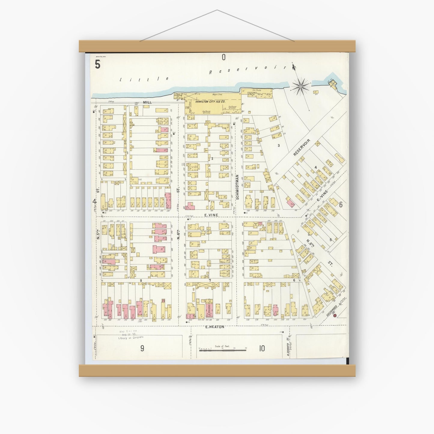 Old map wall art mockup — magnetic wood frame on white wall — Sanborn Fire Insurance Map from Hamilton, Butler County, Ohio (1899), Sheet #0005
