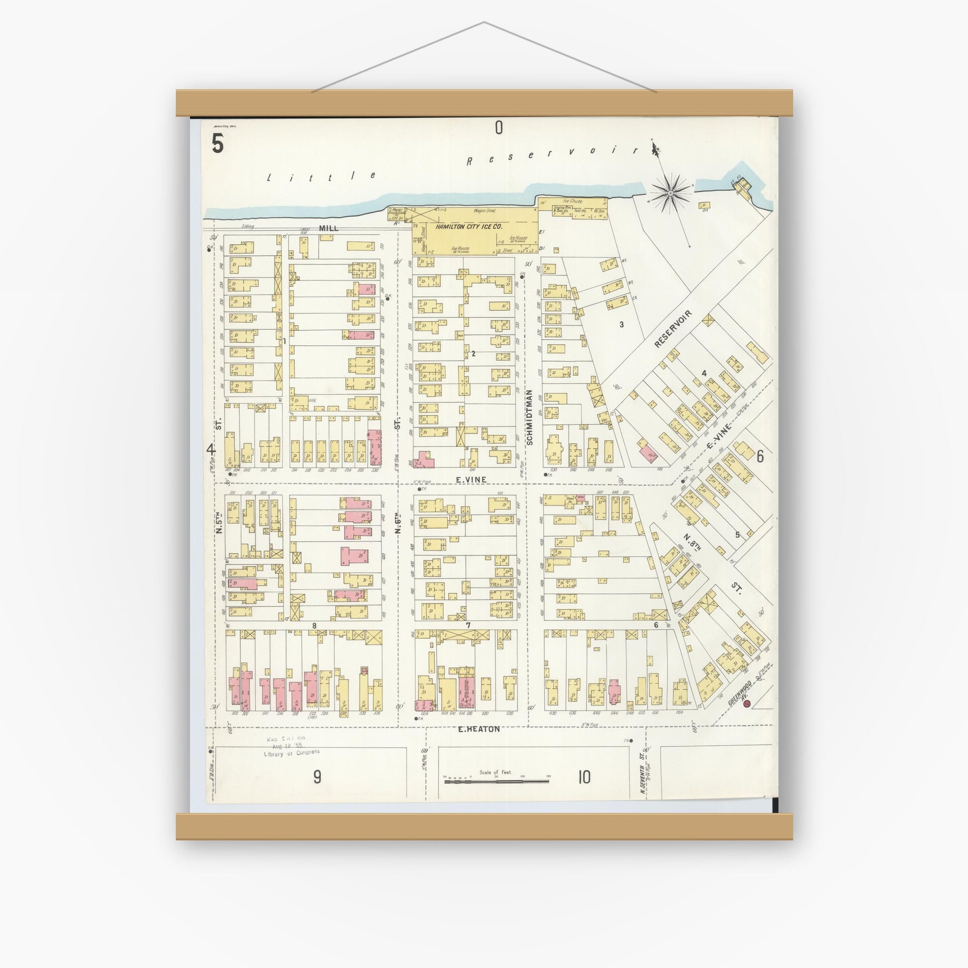 Old map wall art mockup — magnetic wood frame on white wall — Sanborn Fire Insurance Map from Hamilton, Butler County, Ohio (1899), Sheet #0005