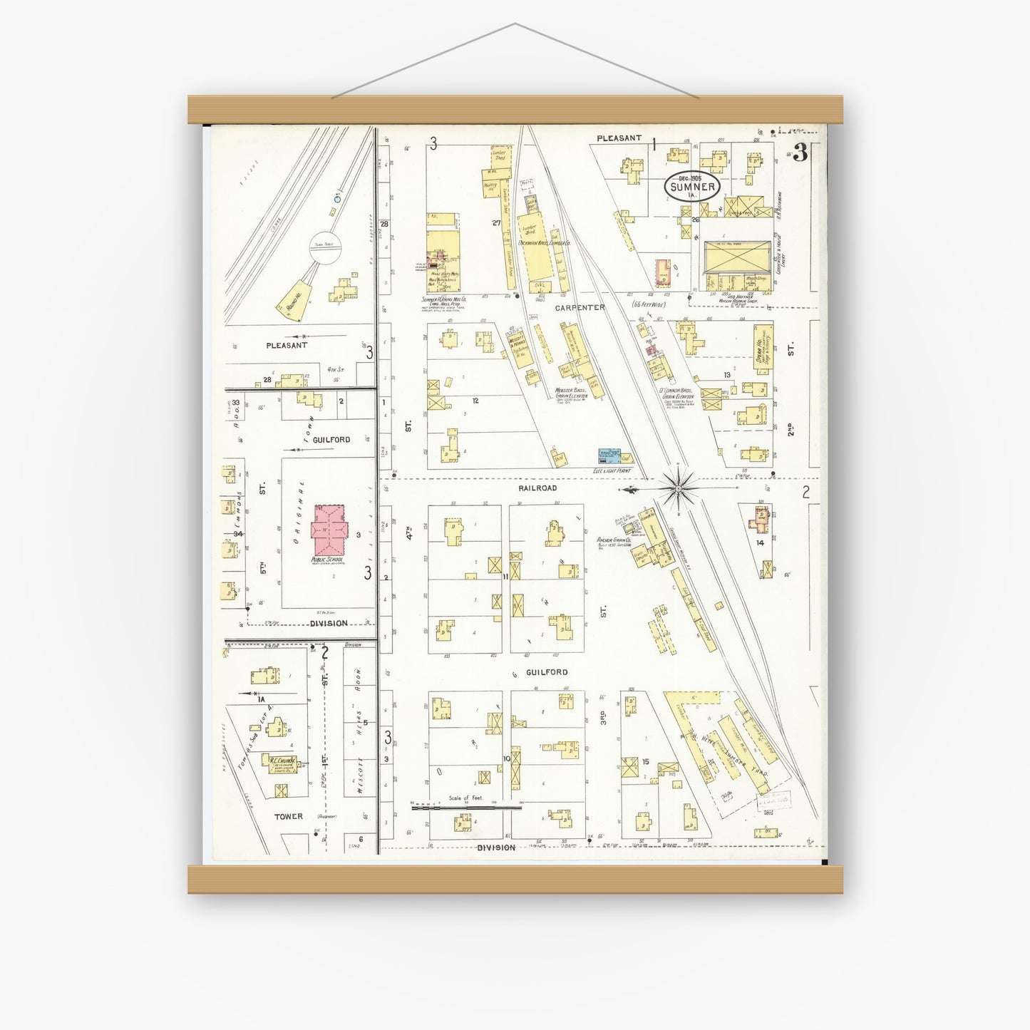 Old map wall art mockup — magnetic wood frame on white wall — Sanborn Fire Insurance Map from Sumner, Bremer County, Iowa (1905), Sheet #0003