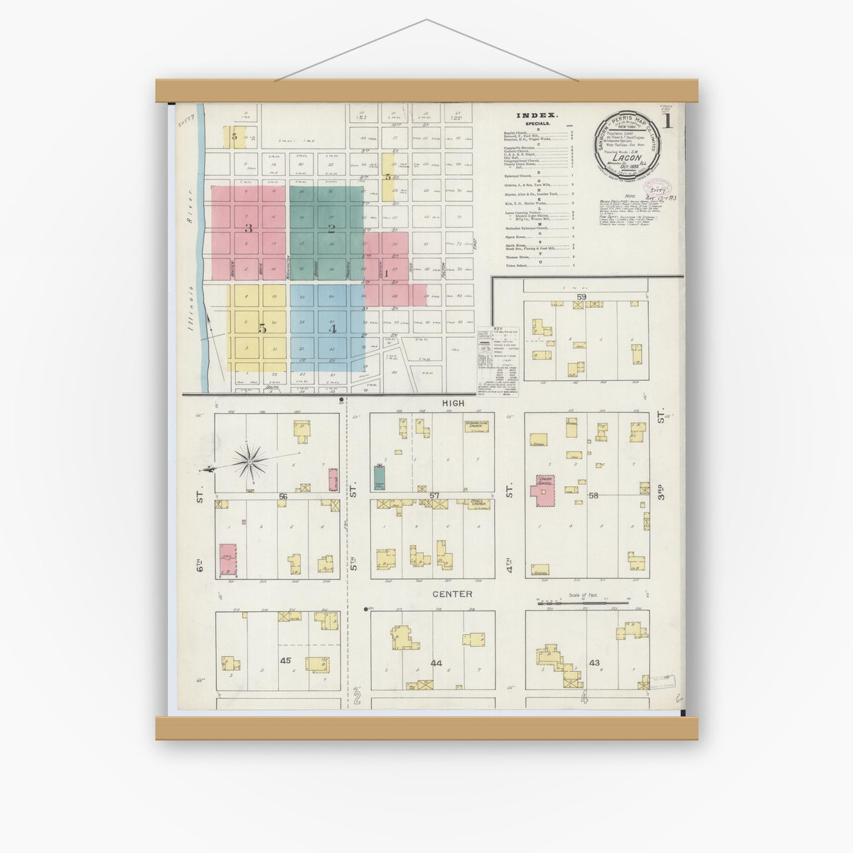 Old map wall art mockup — magnetic wood frame on white wall — Sanborn Fire Insurance Map from Lacon, Marshall County, Illinois (1893), Sheet #0001