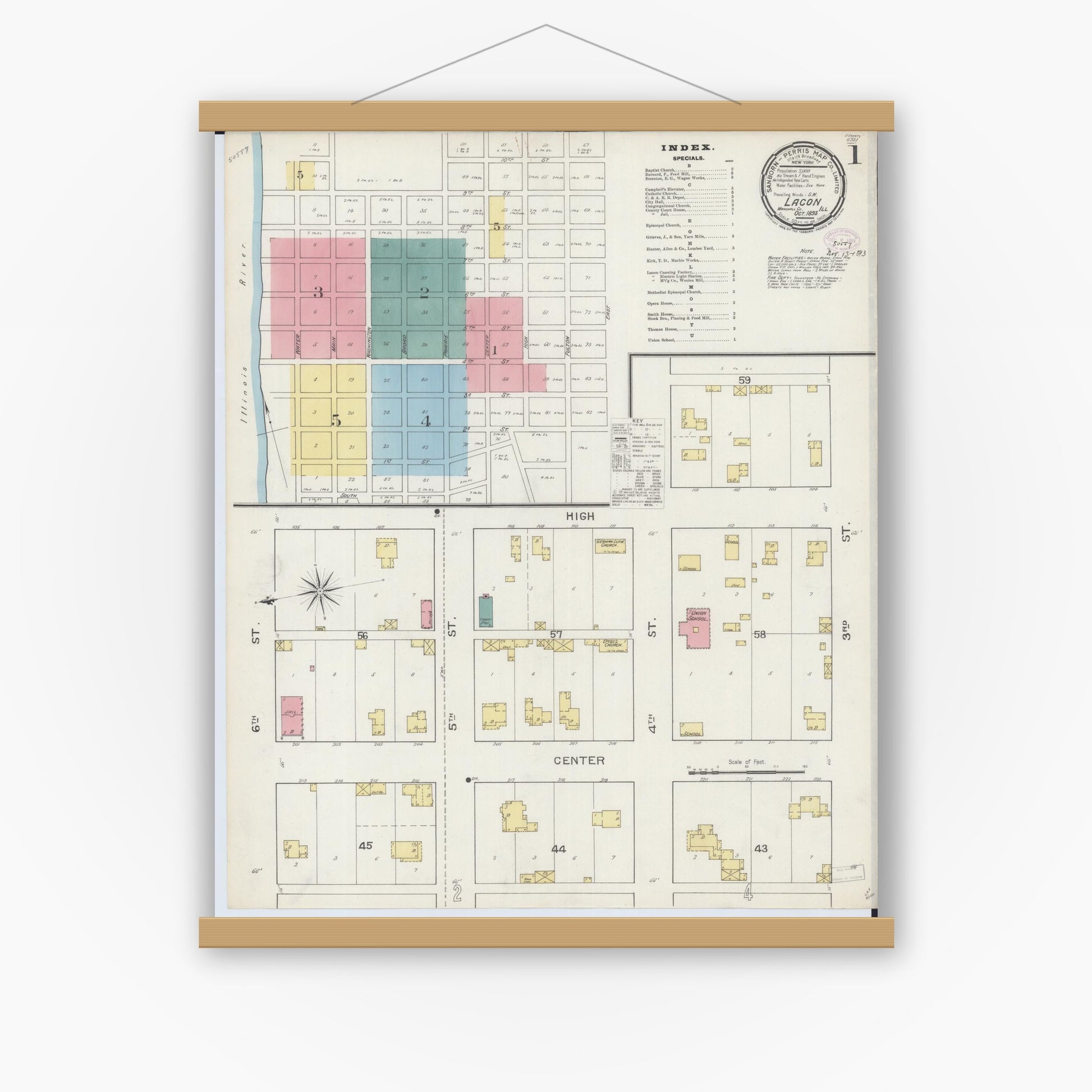Old map wall art mockup — magnetic wood frame on white wall — Sanborn Fire Insurance Map from Lacon, Marshall County, Illinois (1893), Sheet #0001