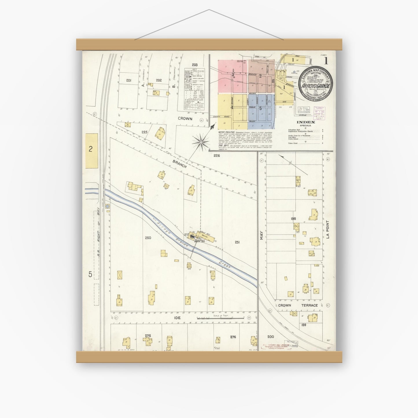 Old map wall art mockup — magnetic wood frame on white wall — Sanborn Fire Insurance Map from Arroyo Grande, San Luis Obispo County, California (1903), Sheet #0001