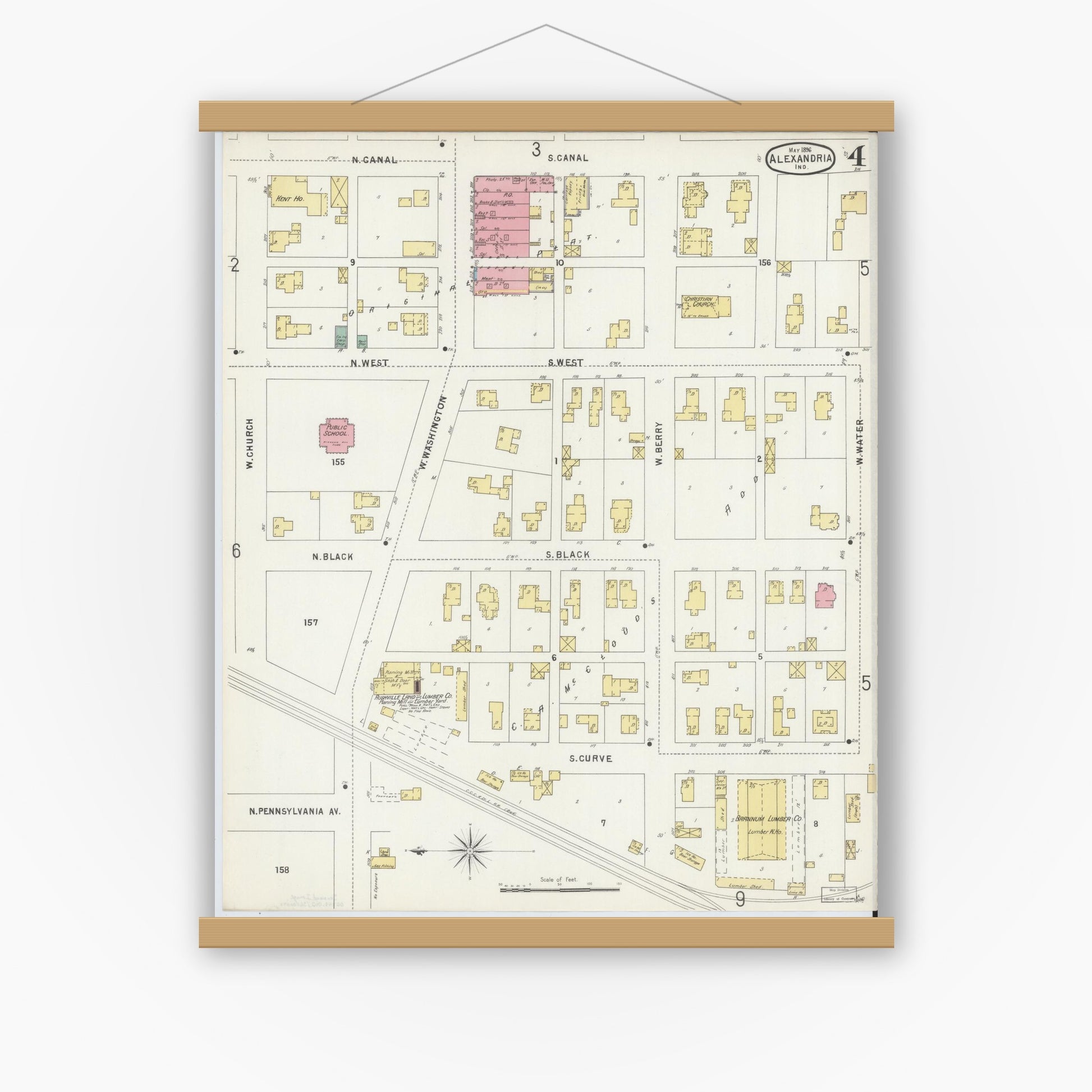 Old map wall art mockup — magnetic wood frame on white wall — Sanborn Fire Insurance Map from Alexandria, Madison County, Indiana (1896), Sheet #0004
