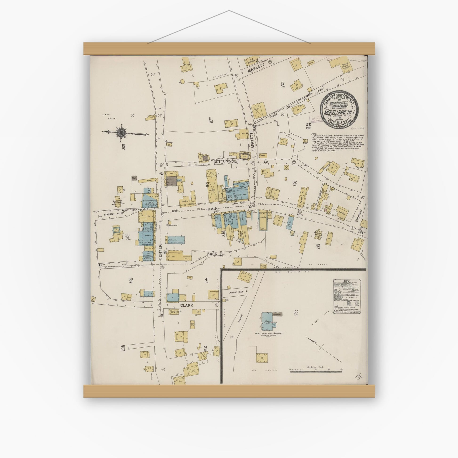 Old map wall art mockup — magnetic wood frame on white wall — Sanborn Fire Insurance Map from Mokelumne Hill, Calaveras County, California (1912), Sheet #0001