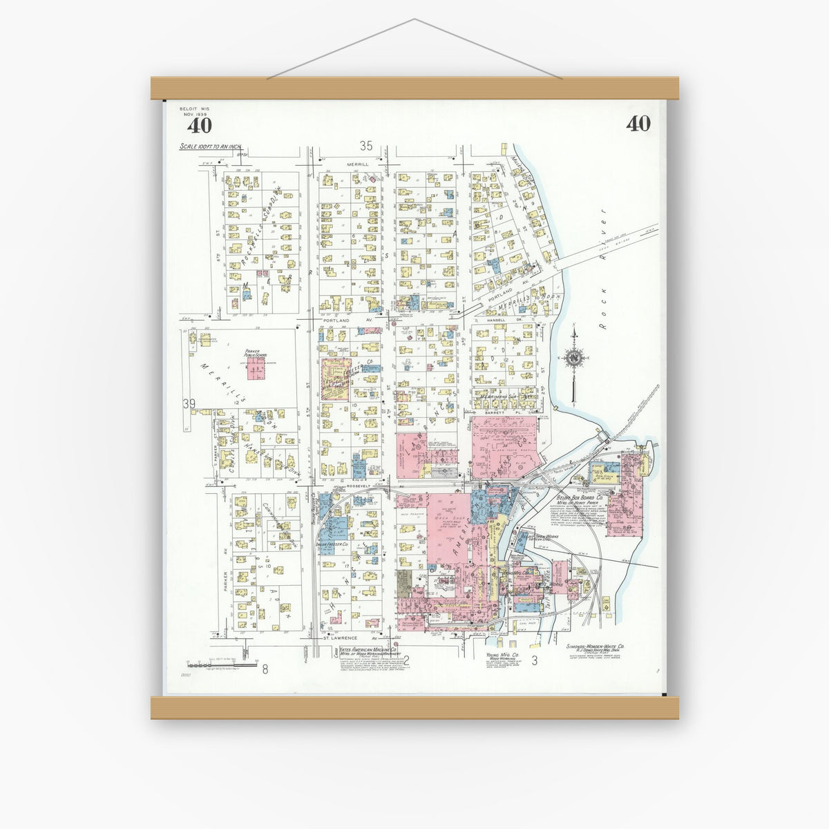 Old map wall art mockup — magnetic wood frame on white wall — Sanborn Fire Insurance Map from Beloit, Rock County, Wisconsin (1939), Sheet #0040