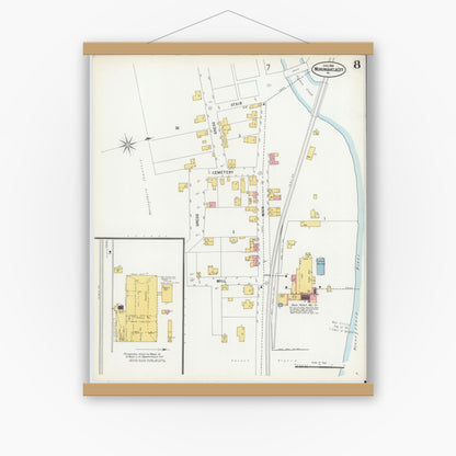 Old map wall art mockup — magnetic wood frame on white wall — Sanborn Fire Insurance Map from Monongahela City, Washington County, Pennsylvania (1900), Sheet #0008
