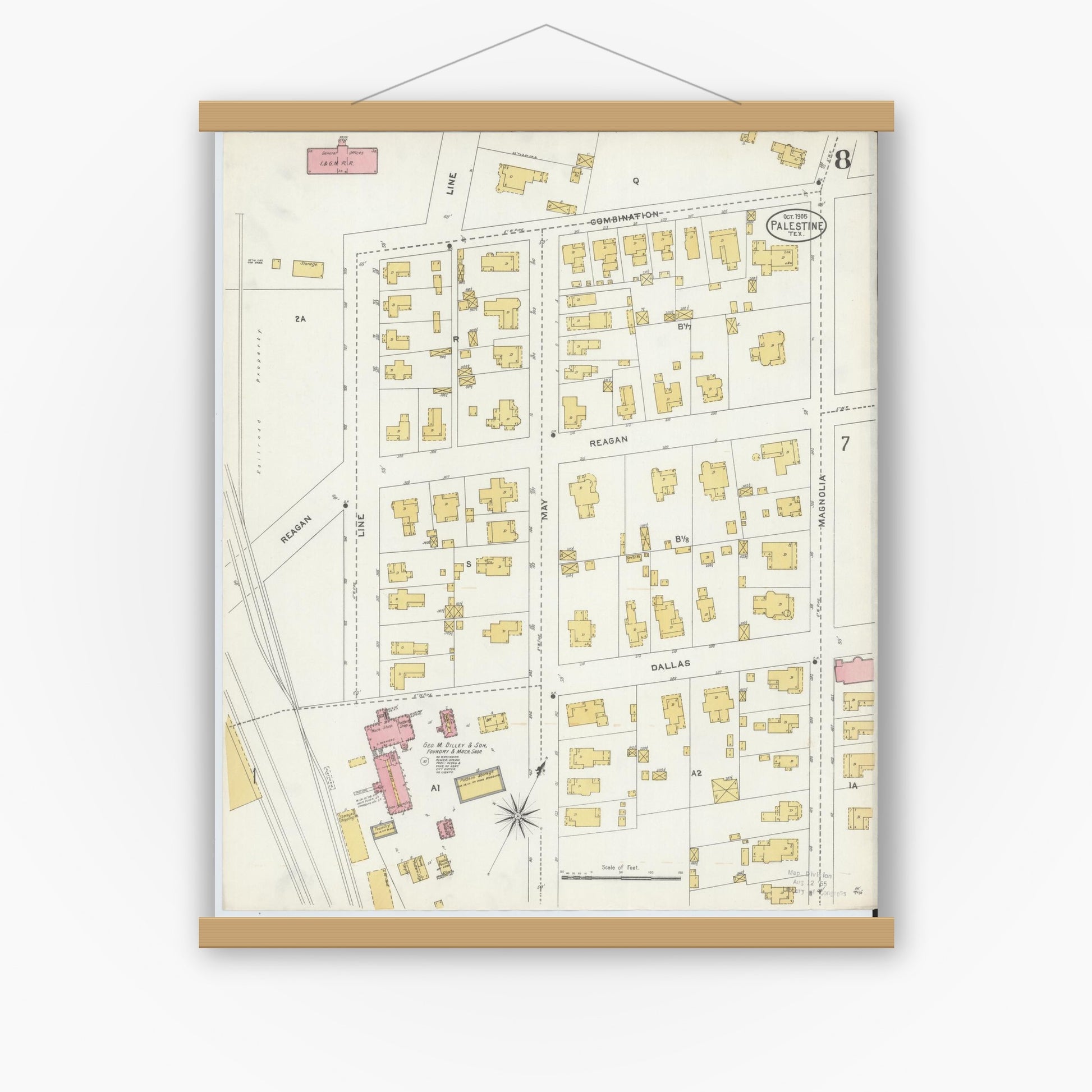 Old map wall art mockup — magnetic wood frame on white wall — Sanborn Fire Insurance Map from Palestine, Anderson County, Texas (1905), Sheet #0008