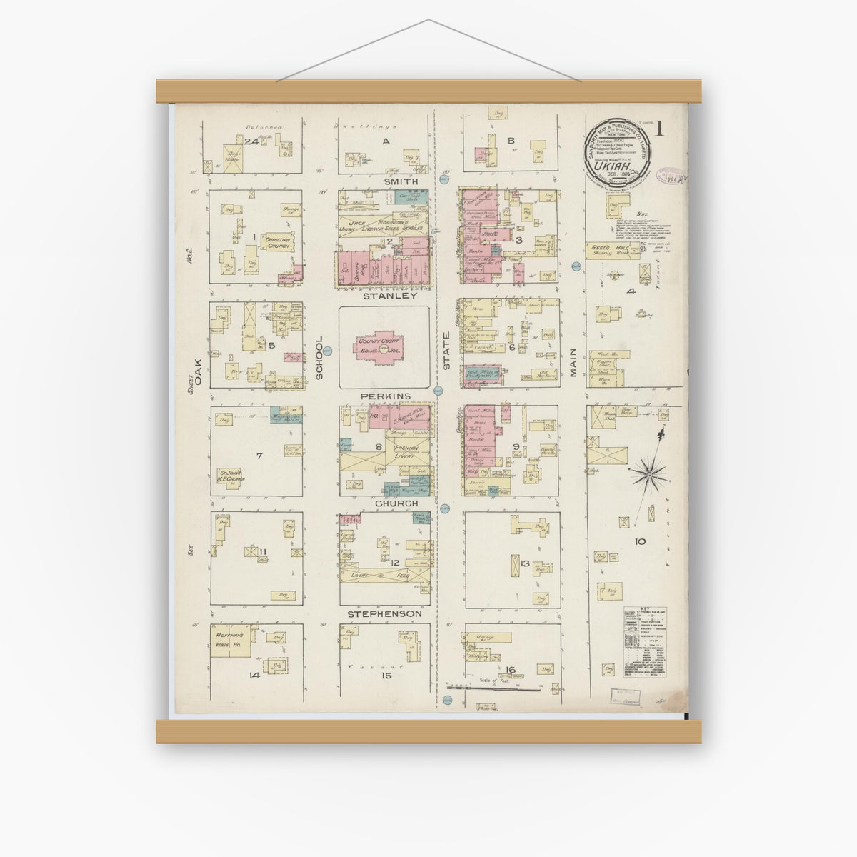 Old map wall art mockup — magnetic wood frame on white wall — Sanborn Fire Insurance Map from Ukiah, Mendocino County, California (1885) - Complete Map Set