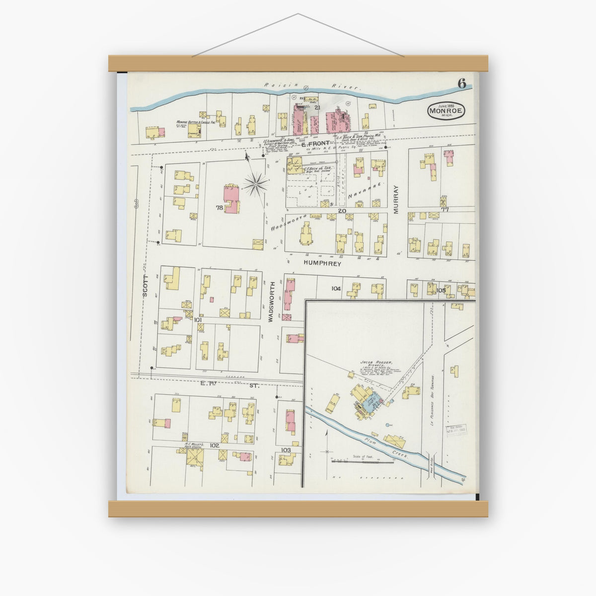 Old map wall art mockup — magnetic wood frame on white wall — Sanborn Fire Insurance Map from Monroe, Monroe County, Michigan (1893), Sheet #0006