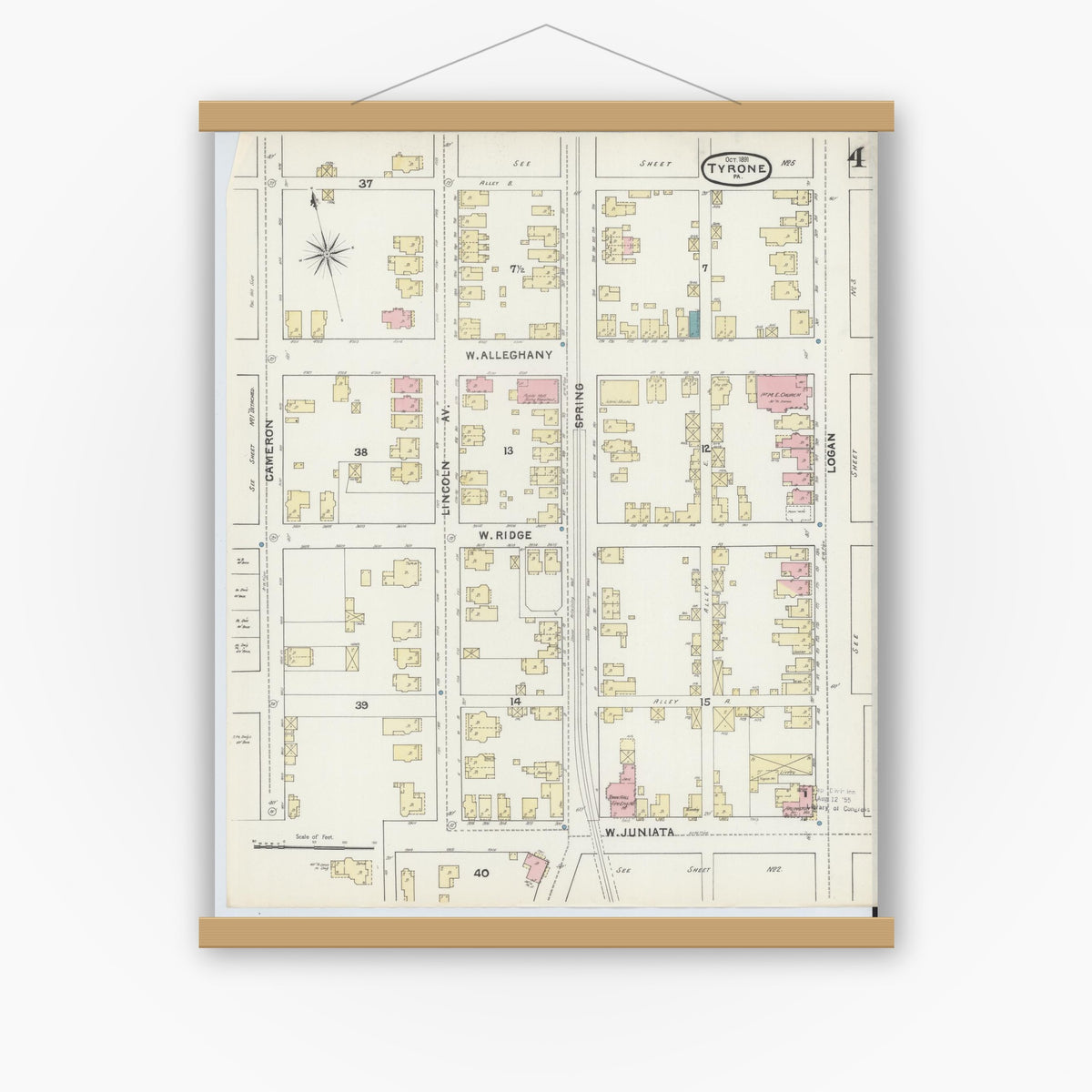 Old map wall art mockup — magnetic wood frame on white wall — Sanborn Fire Insurance Map from Tyrone, Blair County, Pennsylvania (1891), Sheet #0004
