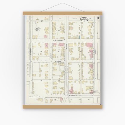 Old map wall art mockup — magnetic wood frame on white wall — Sanborn Fire Insurance Map from Tyrone, Blair County, Pennsylvania (1891), Sheet #0004