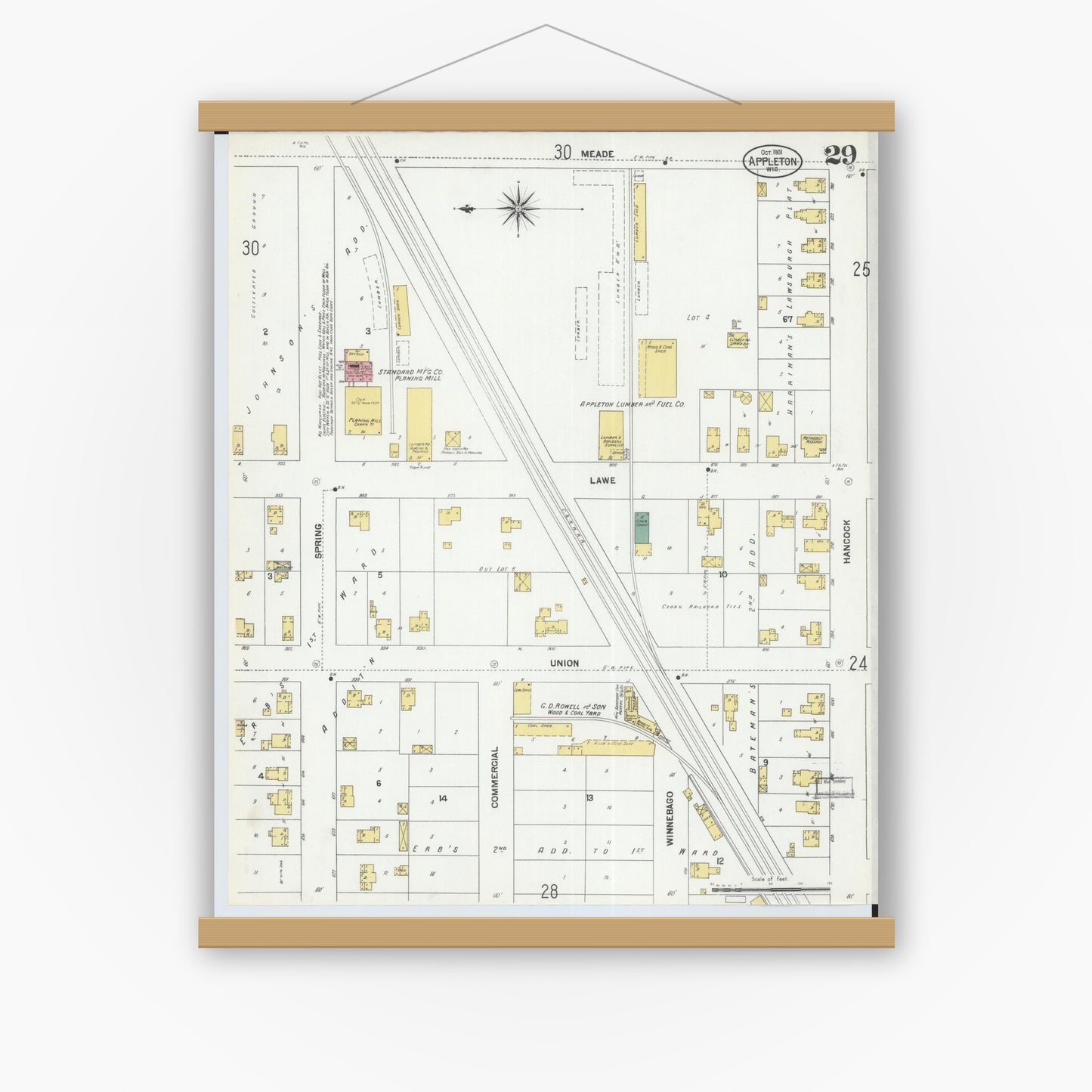 Old map wall art mockup — magnetic wood frame on white wall — Sanborn Fire Insurance Map from Appleton, Outagamie County, Wisconsin (1901), Sheet #0029