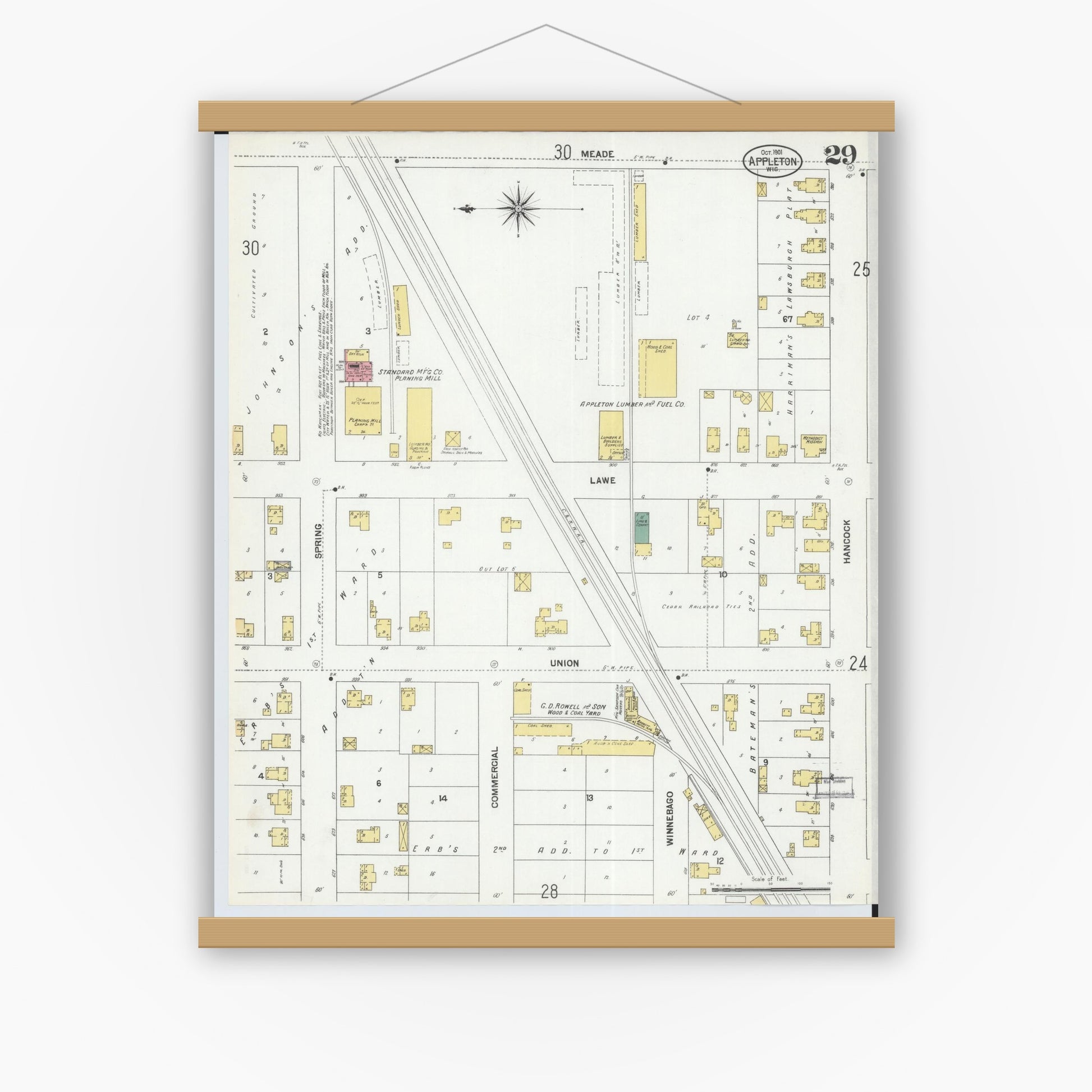 Old map wall art mockup — magnetic wood frame on white wall — Sanborn Fire Insurance Map from Appleton, Outagamie County, Wisconsin (1901), Sheet #0029