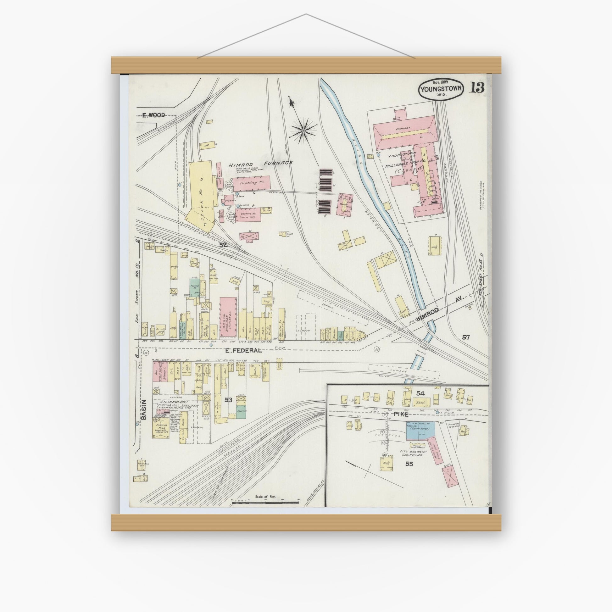 Old map wall art mockup — magnetic wood frame on white wall — Sanborn Fire Insurance Map from Youngstown, Mahoning County, Ohio (1889), Sheet #0013